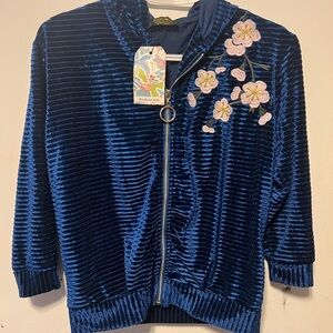 Blue Velvet Jacket with Floral Embroidery